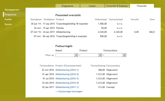 Financiën in het Cliëntvolgsysteem Yara.